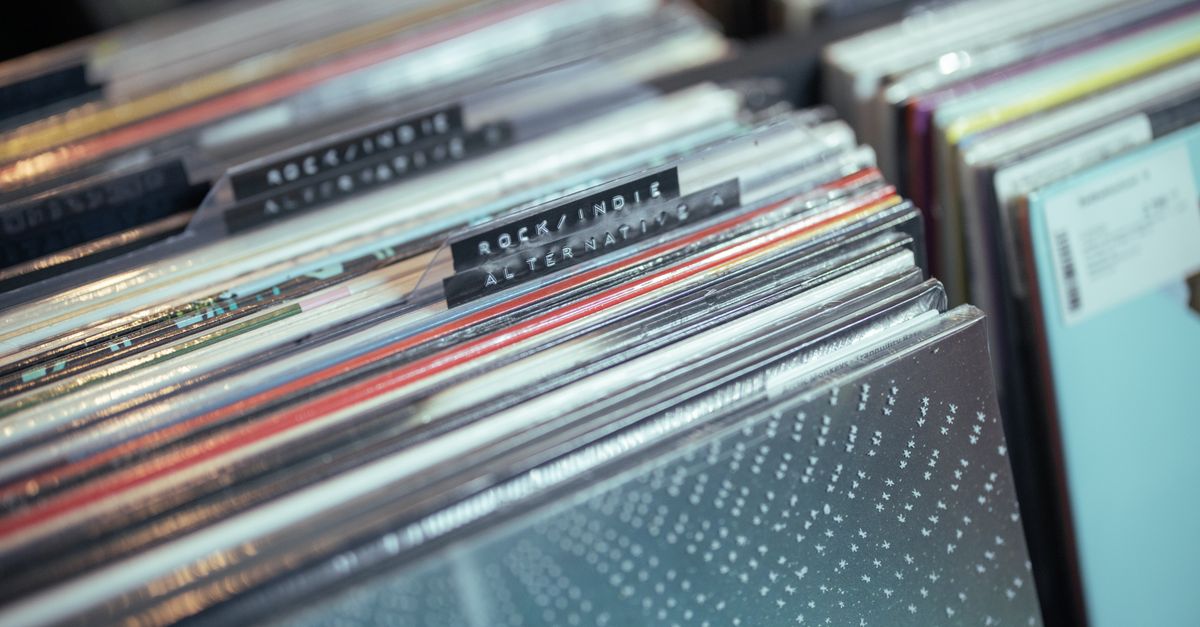 Close-up of vinyl records in a music store, featuring rock and indie selections.
